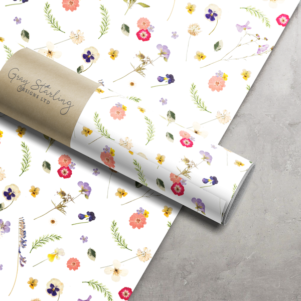 Pressed Flowers Wrapping Paper Gray Starling Designs