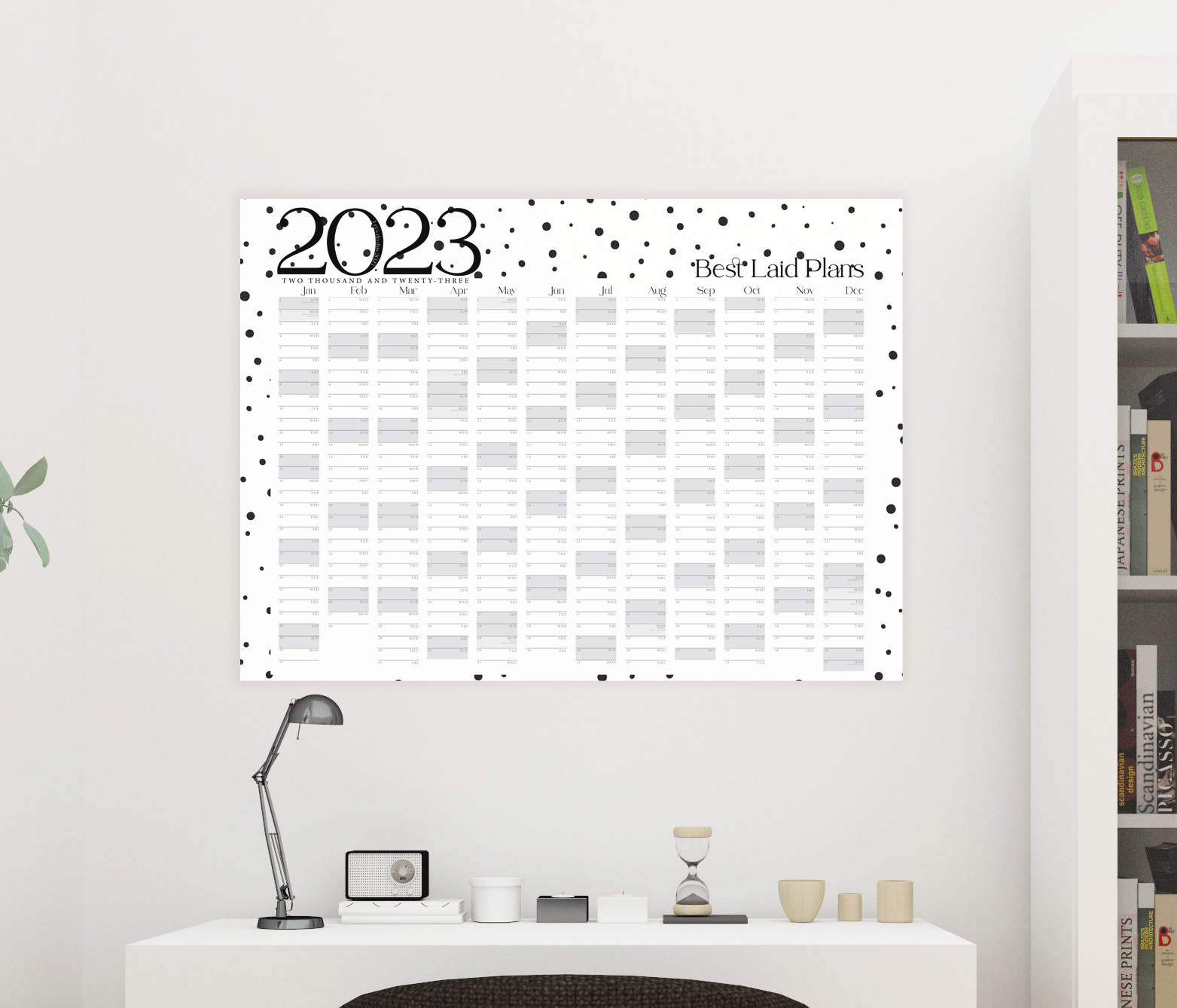 2023 Year January - December Black and White, Monochrome Dalmatian Spot Landscape Wall Planner
