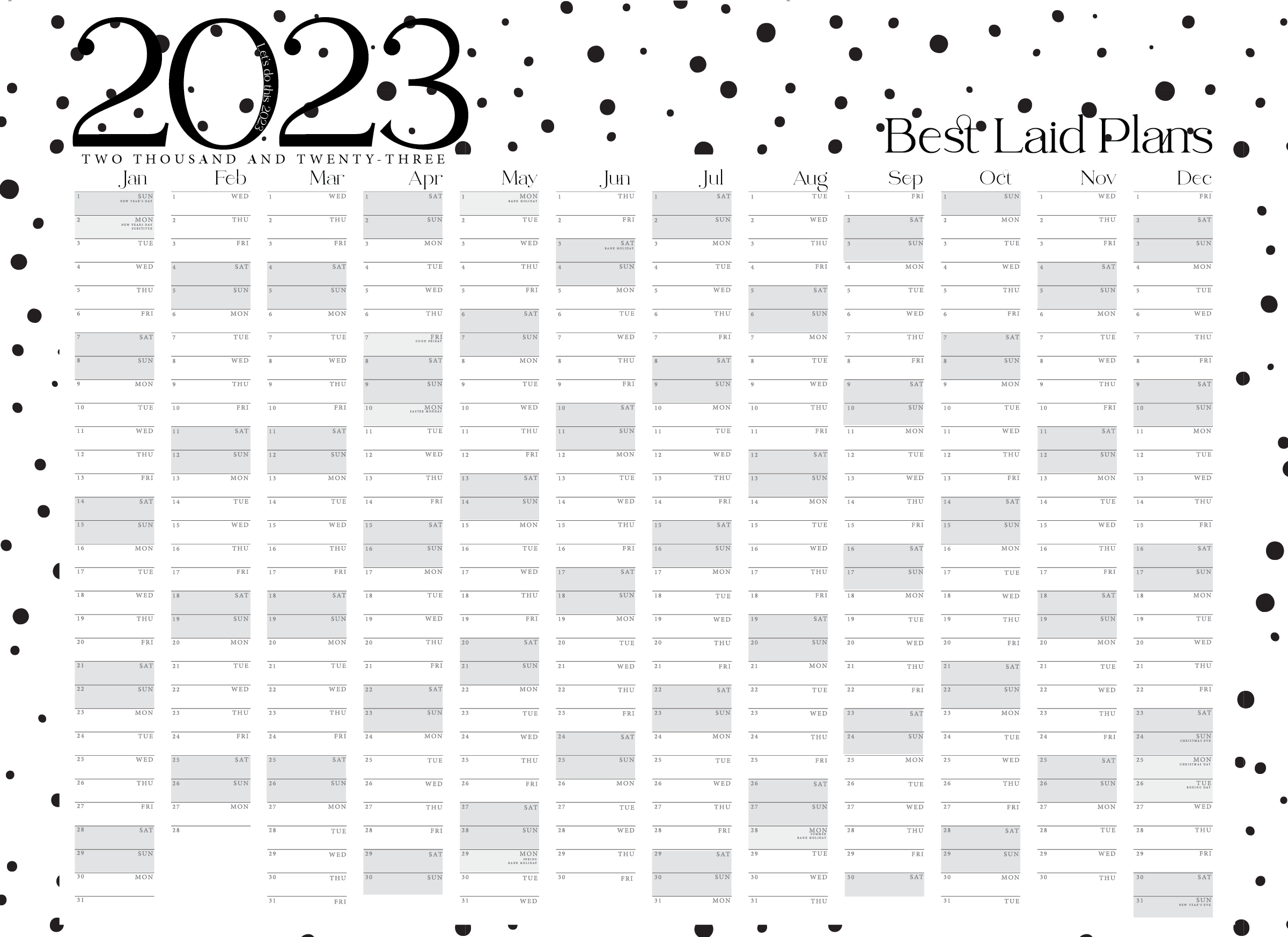 2023 Year January - December Black and White, Monochrome Dalmatian Spot Landscape Wall Planner